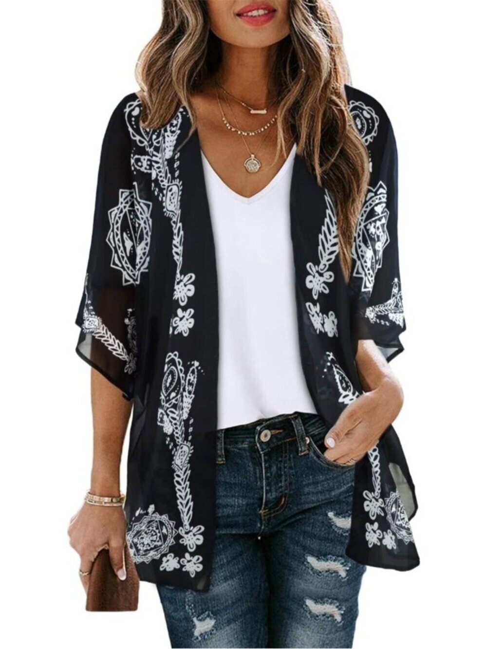 🆕Women Black Polyester Kimono Cardigan Beach Swimwear Top Cover Up Puff Sleeve